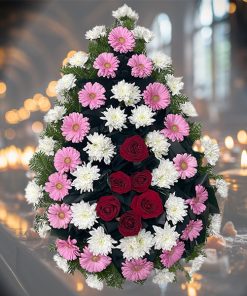 Coroana funerara ieftina trandafiri gerbera si crizanteme