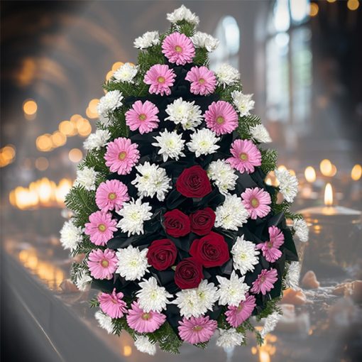 Coroana funerara ieftina trandafiri gerbera si crizanteme